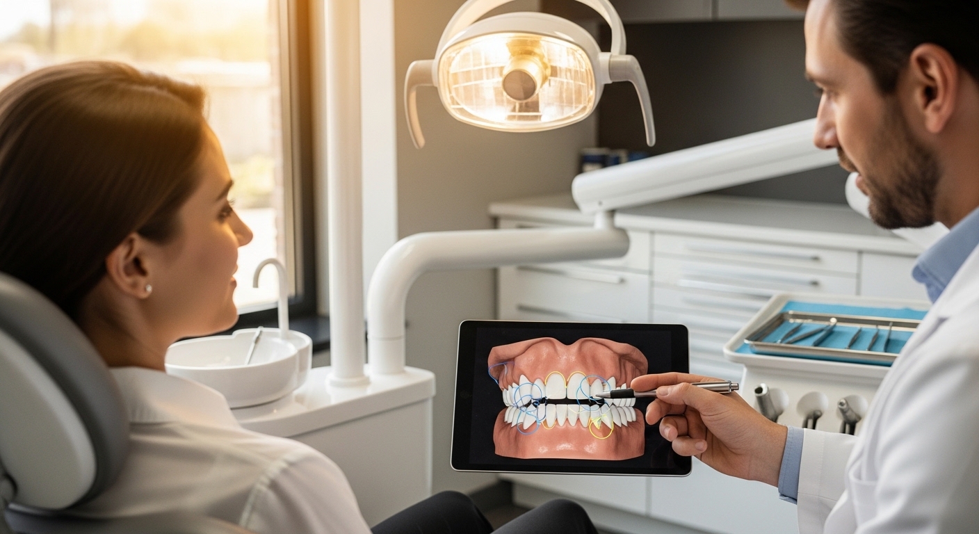 Patient consulting with a dentist in a modern, clean dental office.