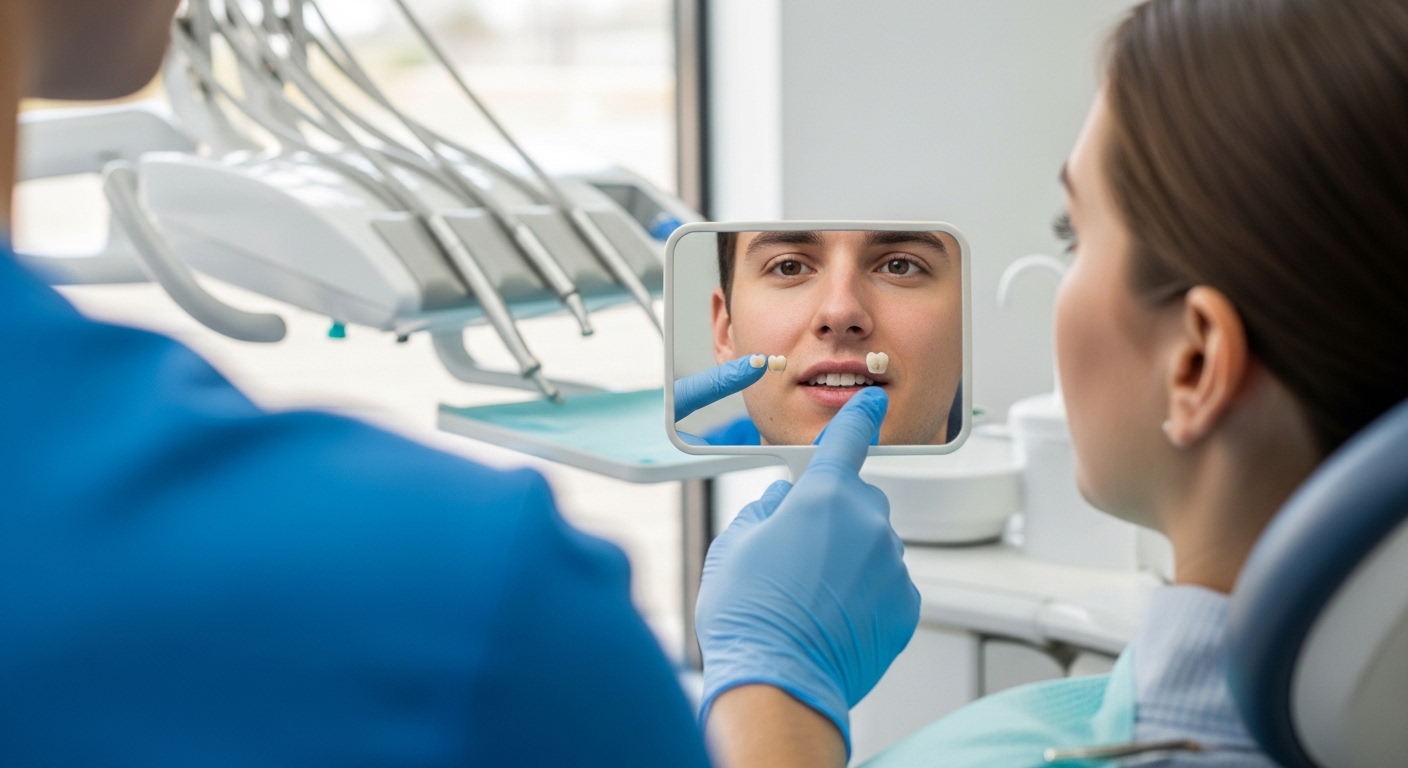 Dentist explaining crown vs veneer options to patient with dental models