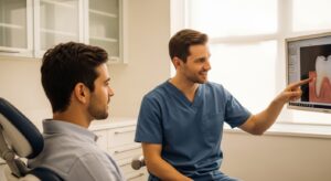 Dentist consulting a patient in a modern dental office setting