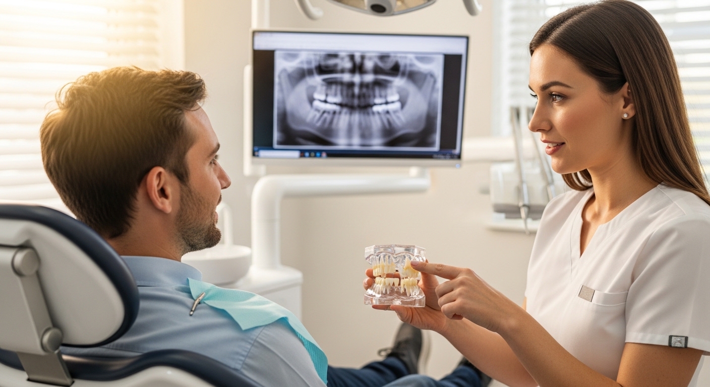 Patient consulting with a dentist about tooth extraction preparation in a modern dental office.